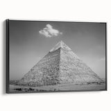 Black and white framed canvas of pyramids in a vintage poster style, suitable for bedroom wall decor.