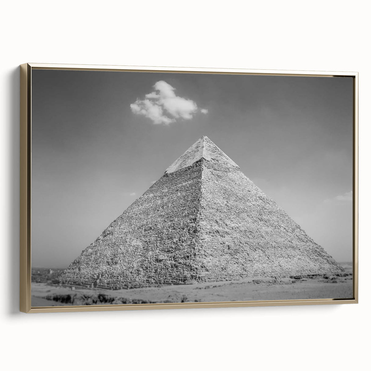 Framed canvas depicting a vintage poster of colorful pyramids, ideal for adding a touch of history to any room.