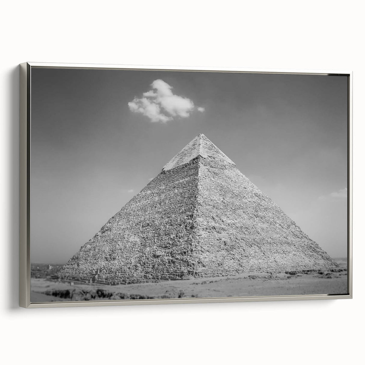 Vintage poster art of pyramids in muted black with colorful accents on a large framed canvas, suitable for living room decor.