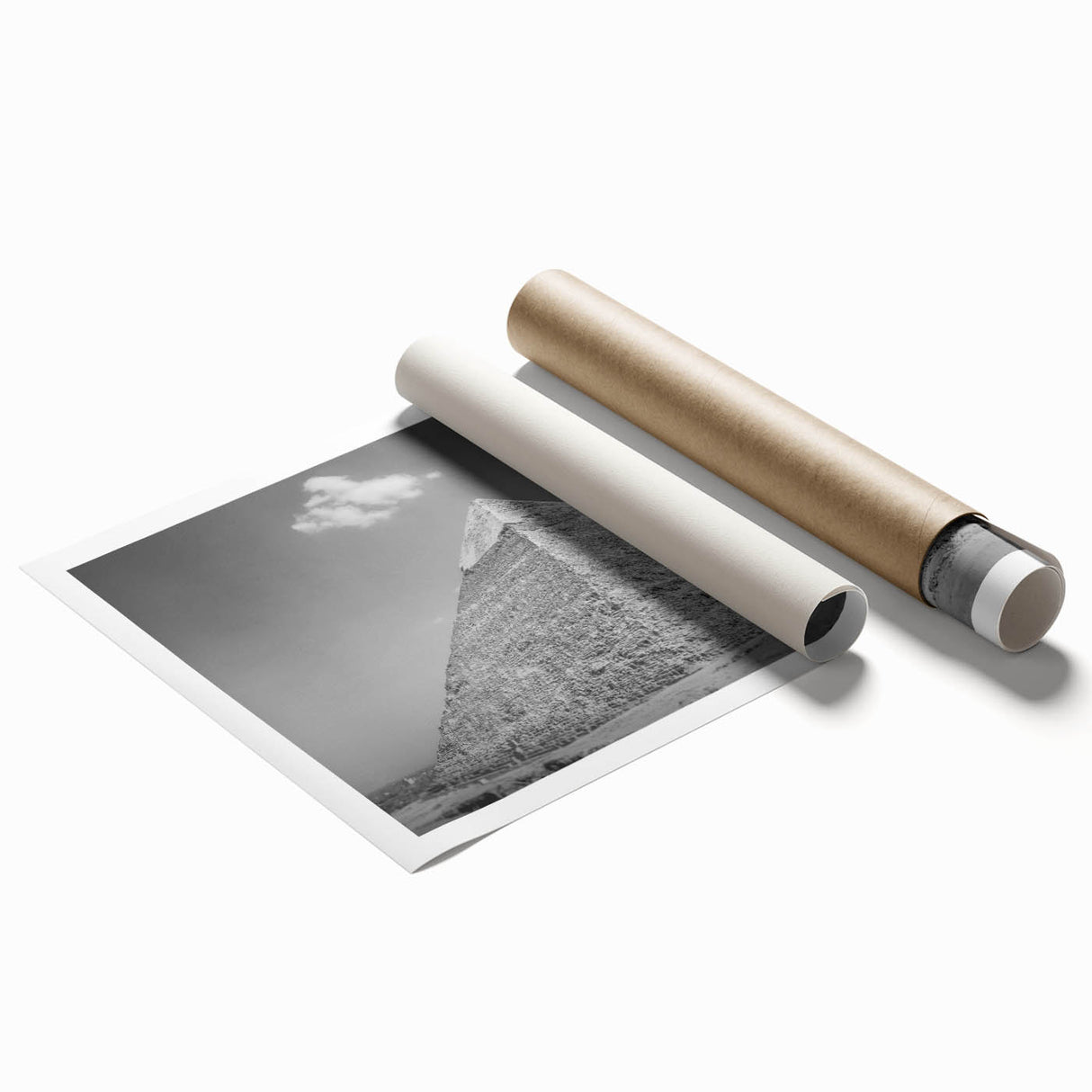Extra large rolled print featuring a minimalist pyramid design in muted earth tones, suitable for classy bathroom wall art.