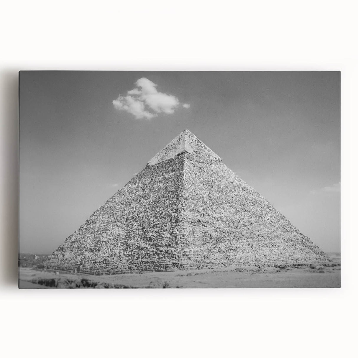Black and white large art print of architectural pyramids on stretched canvas, ideal for kitchen wall art.