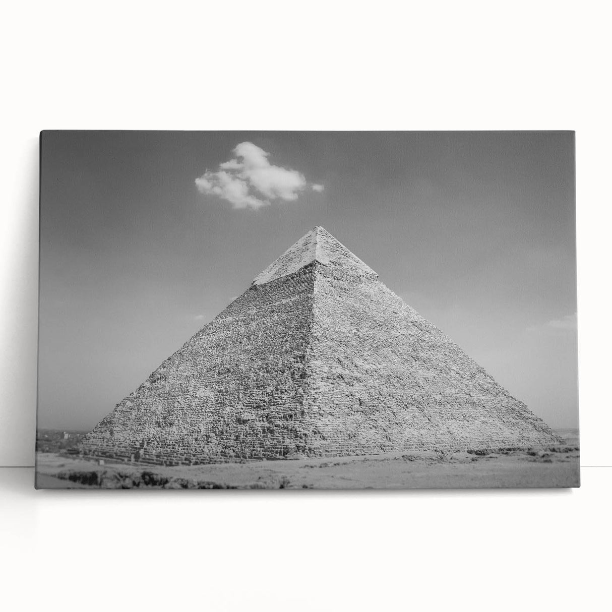 Black and white large art print of pyramids on stretched canvas, ideal for kitchen wall art or bedroom decor.
