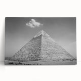 Black and white large art print of pyramids on stretched canvas, ideal for kitchen wall art or bedroom decor.