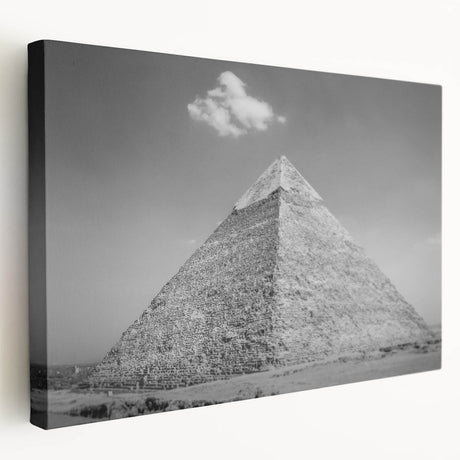 Graphic print of pyramids in muted beige and ivory tones on stretched canvas, suitable for kitchen wall art.