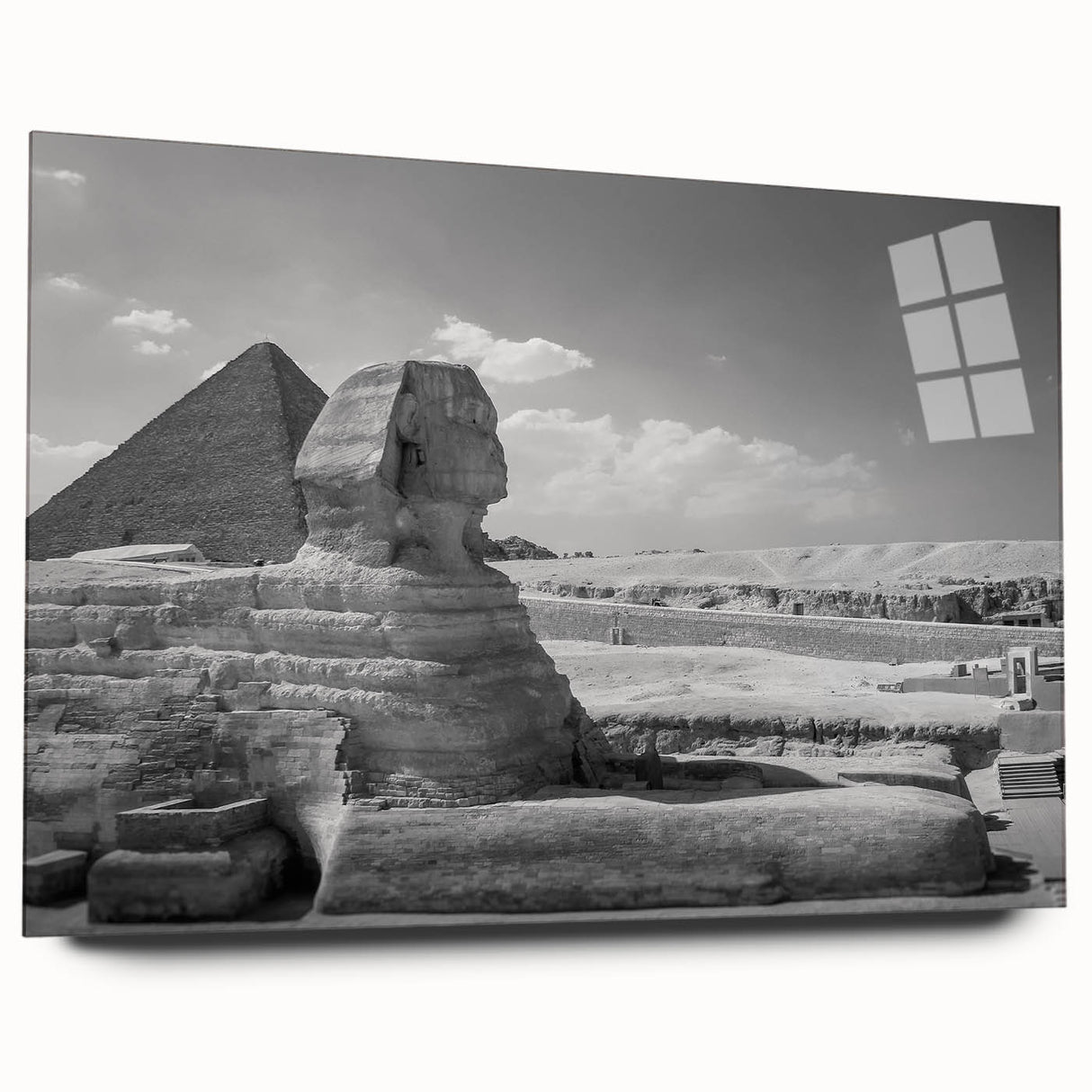 Large abstract wall art of pyramids in muted earth tones on acrylic glass, suitable for bedroom or dining room decor.