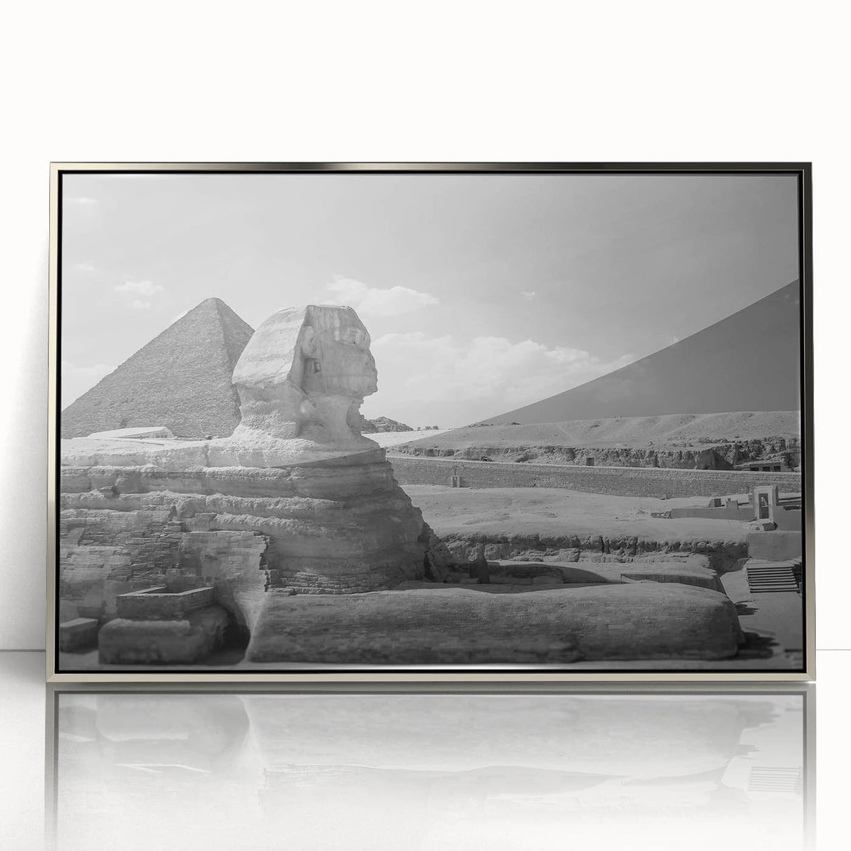 Art deco poster featuring a stylized pyramid design in silver tones on framed acrylic, suitable for modern art wall decor.