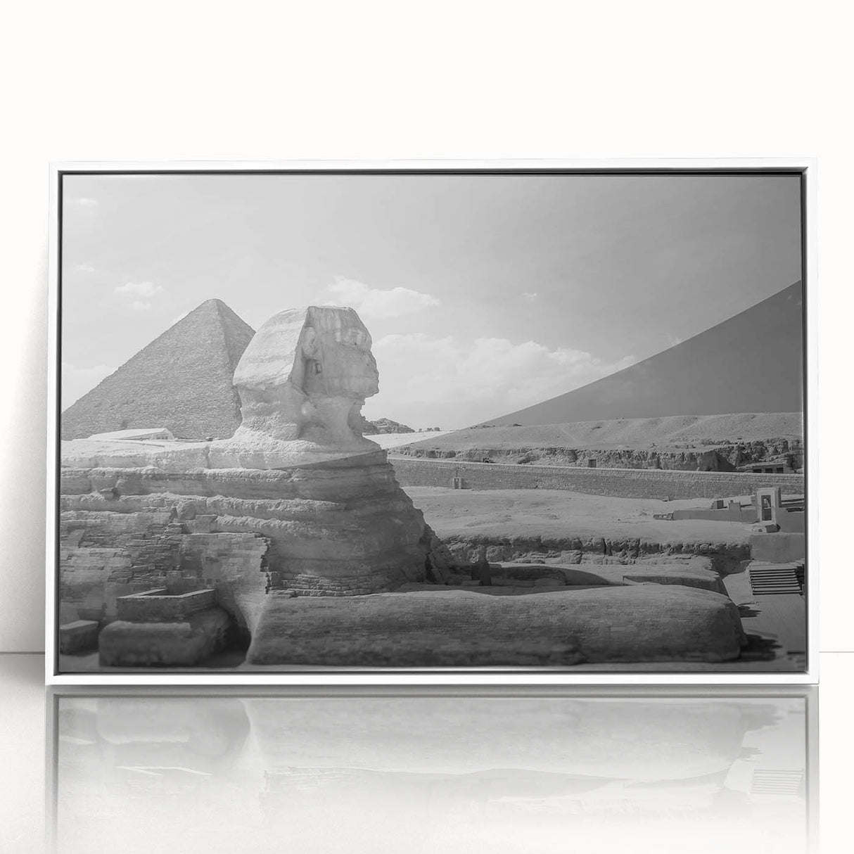 Mid-century modernist pyramid design in muted earth tones on a large framed acrylic, suitable for modern art wall decor.