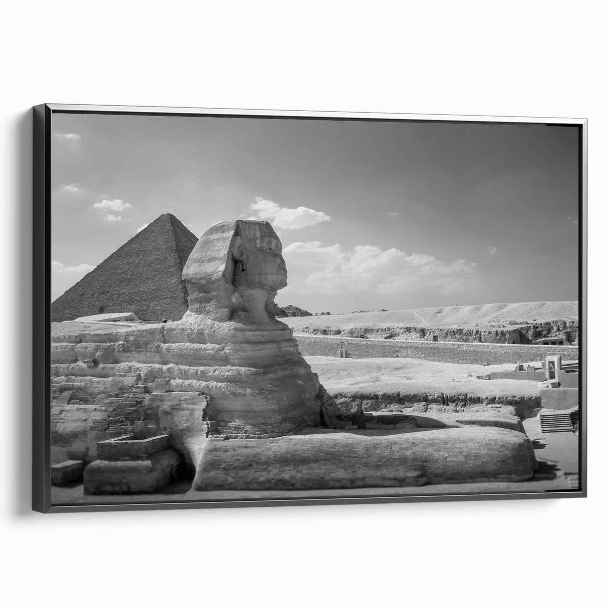 Black and white framed canvas featuring a vintage poster art style depiction of pyramids, ideal for bedroom wall decor.