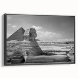 Black and white framed canvas featuring a vintage poster art style depiction of pyramids, ideal for bedroom wall decor.