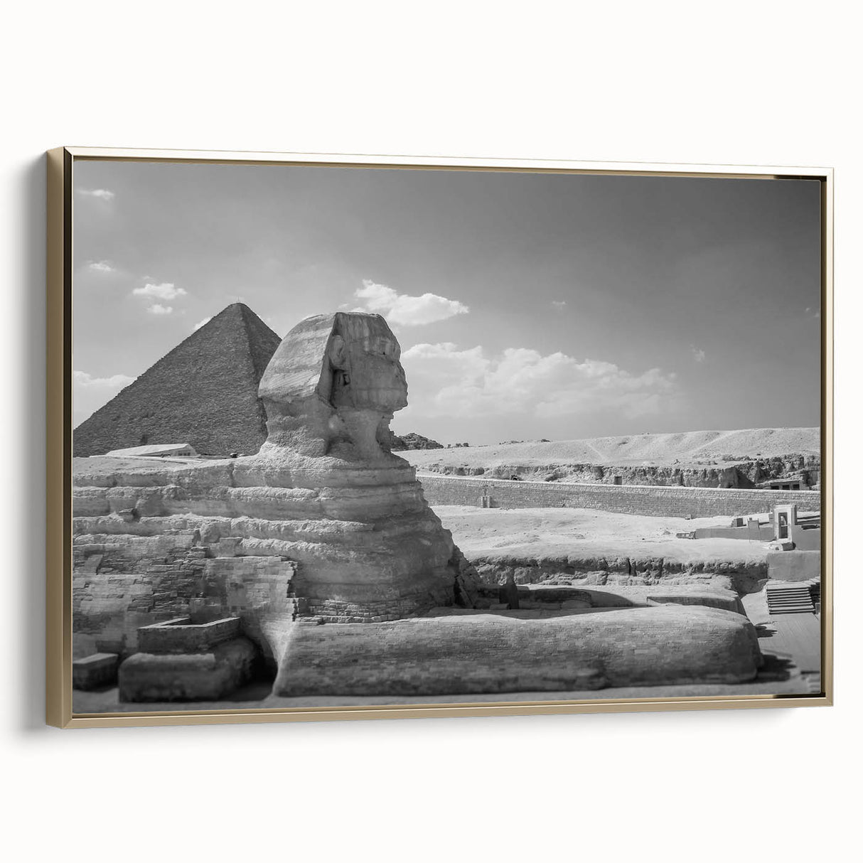 Framed canvas of a vintage poster featuring colorful landscape art paintings of pyramids, ideal for an office or study.
