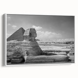 Framed canvas depicting a vintage-style pyramid landscape in black and white, ideal for bedroom wall art.