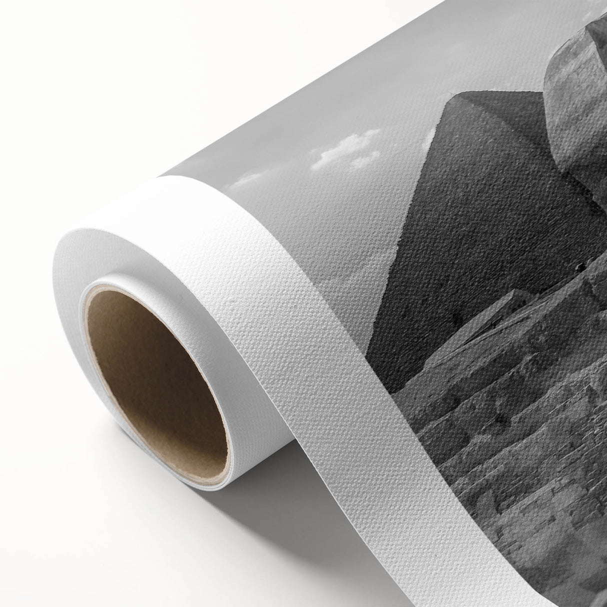 Art deco poster of pyramids in muted beige and brown, rolled canvas, ideal for nursery wall art.