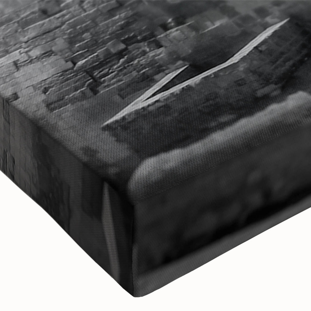 Large art depicting a black and white landscape of pyramids, printed on stretched canvas, suitable for bedroom decor.