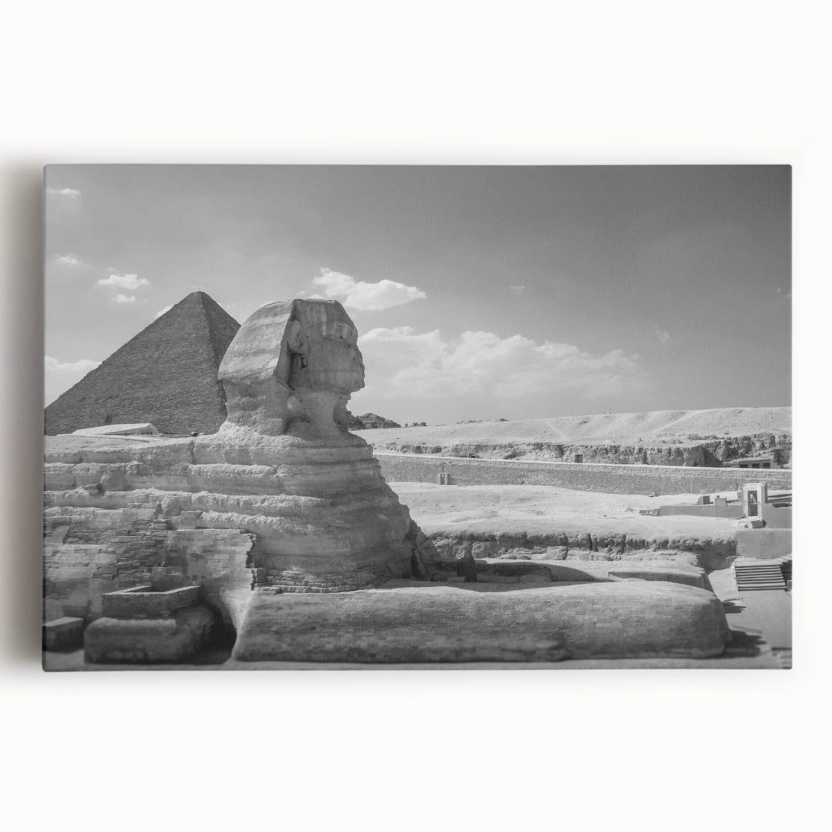 Black and white image of pyramids on stretched canvas, suitable for kitchen wall art.