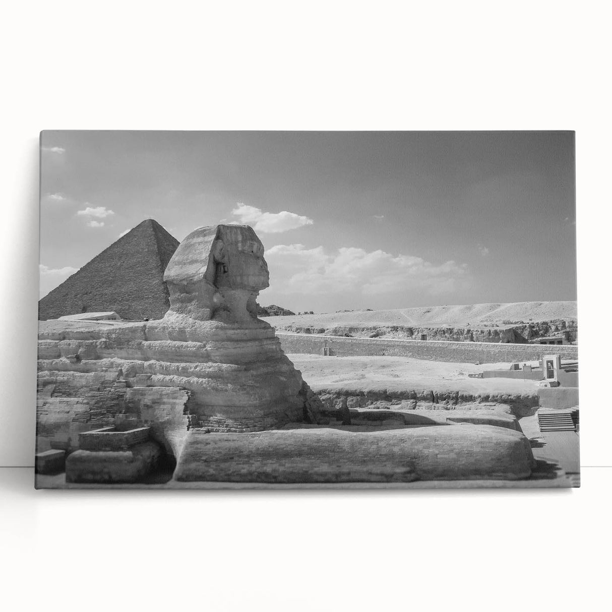 Black and white large art of pyramids design on stretched canvas, suitable for kitchen or bedroom wall.