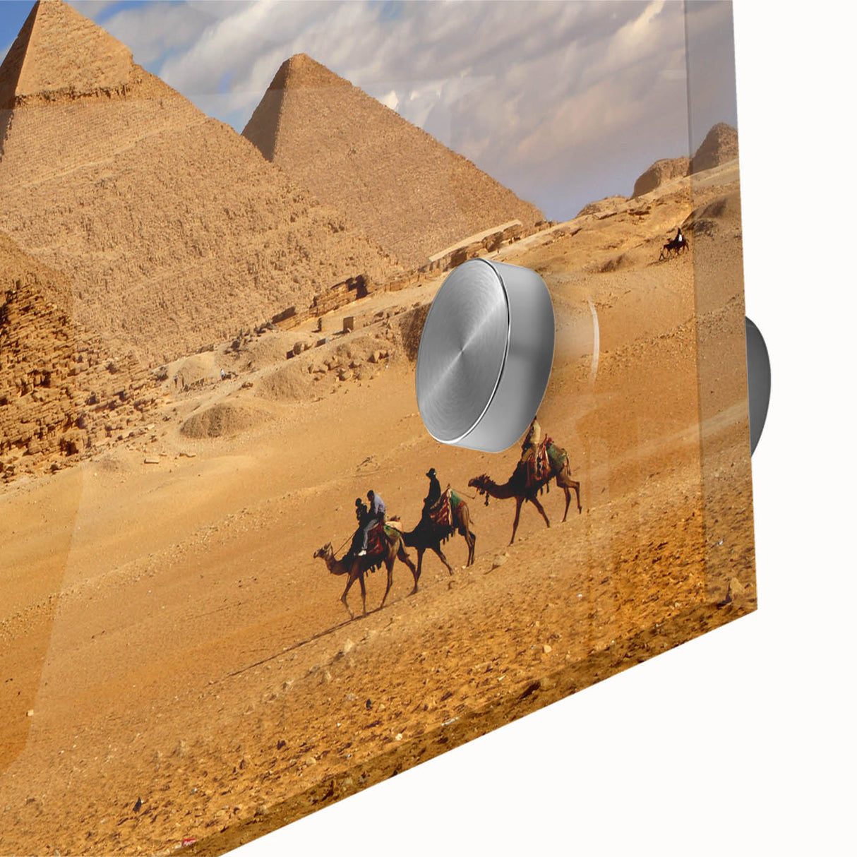 Large abstract wall art of pyramids in muted earth tones on acrylic glass, suitable for dining room ambiance.