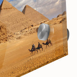 Large abstract wall art of pyramids in muted earth tones on acrylic glass, suitable for dining room ambiance.