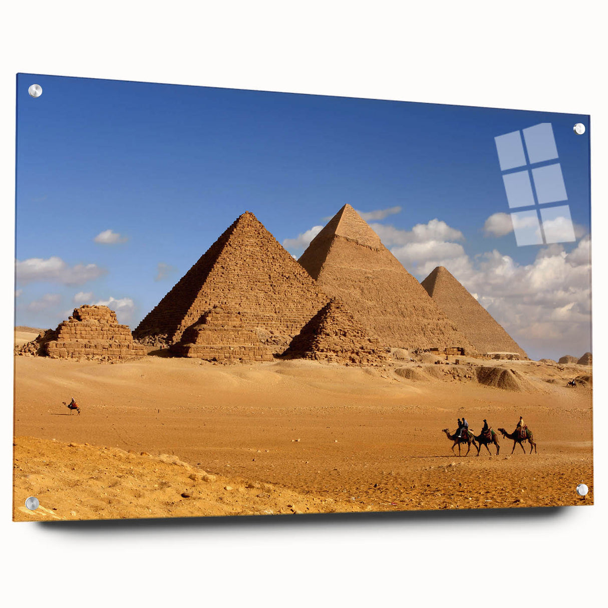 Acrylic print of large abstract pyramids in muted earth tones, ideal for dining room or bedroom wall art.