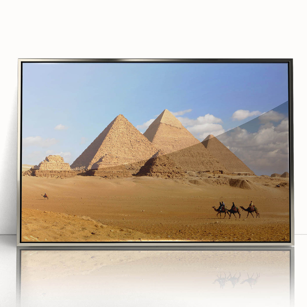 Art deco poster of pyramids in muted silver and gray tones, framed acrylic, ideal for modern art wall decor.