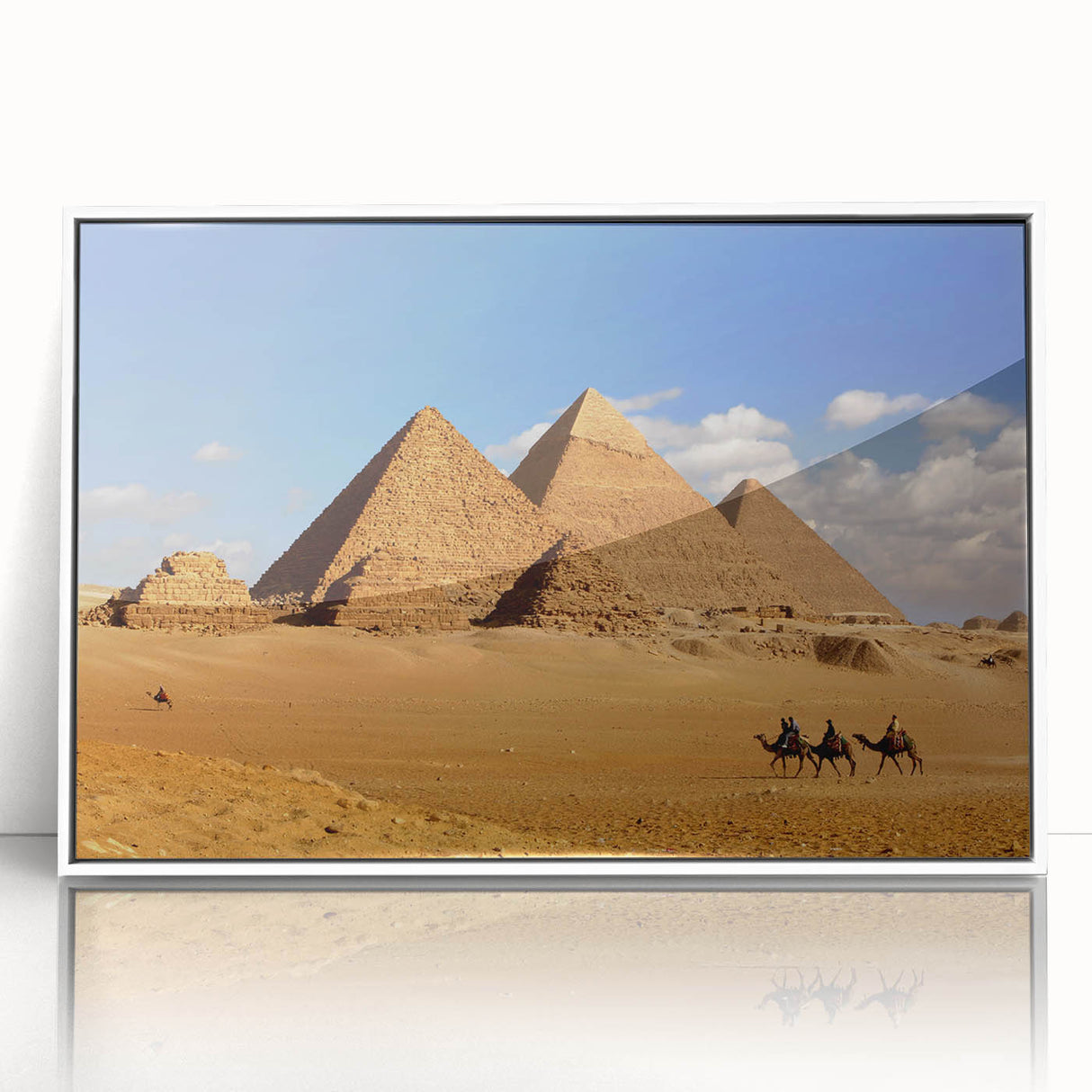 Mid-century modernist pyramid design in neutral tones on a large acrylic print, suitable for modern art wall decor.