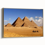 Framed canvas featuring a vintage poster of colorful pyramid landscape, ideal for adding a distinctive touch to any room.