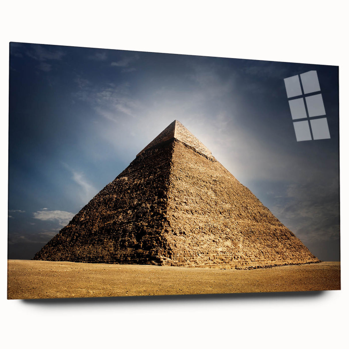 Large abstract wall art of pyramids in muted earth tones on acrylic glass, suitable for bedroom or dining room decor.