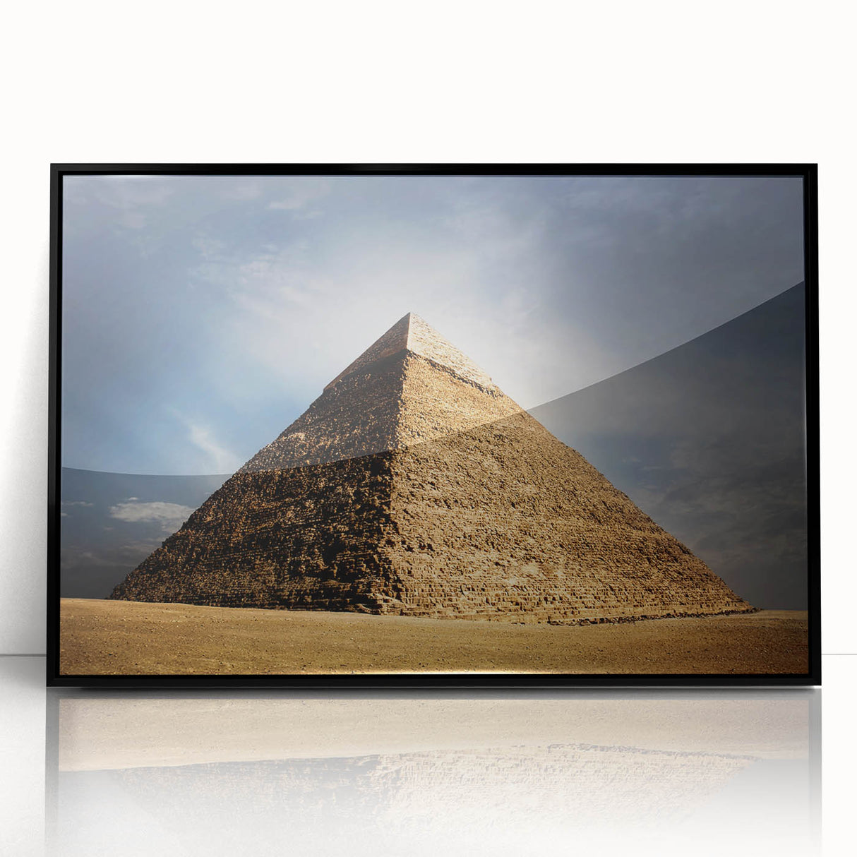 Large abstract wall art featuring geometric pyramids in black and white, framed in acrylic.