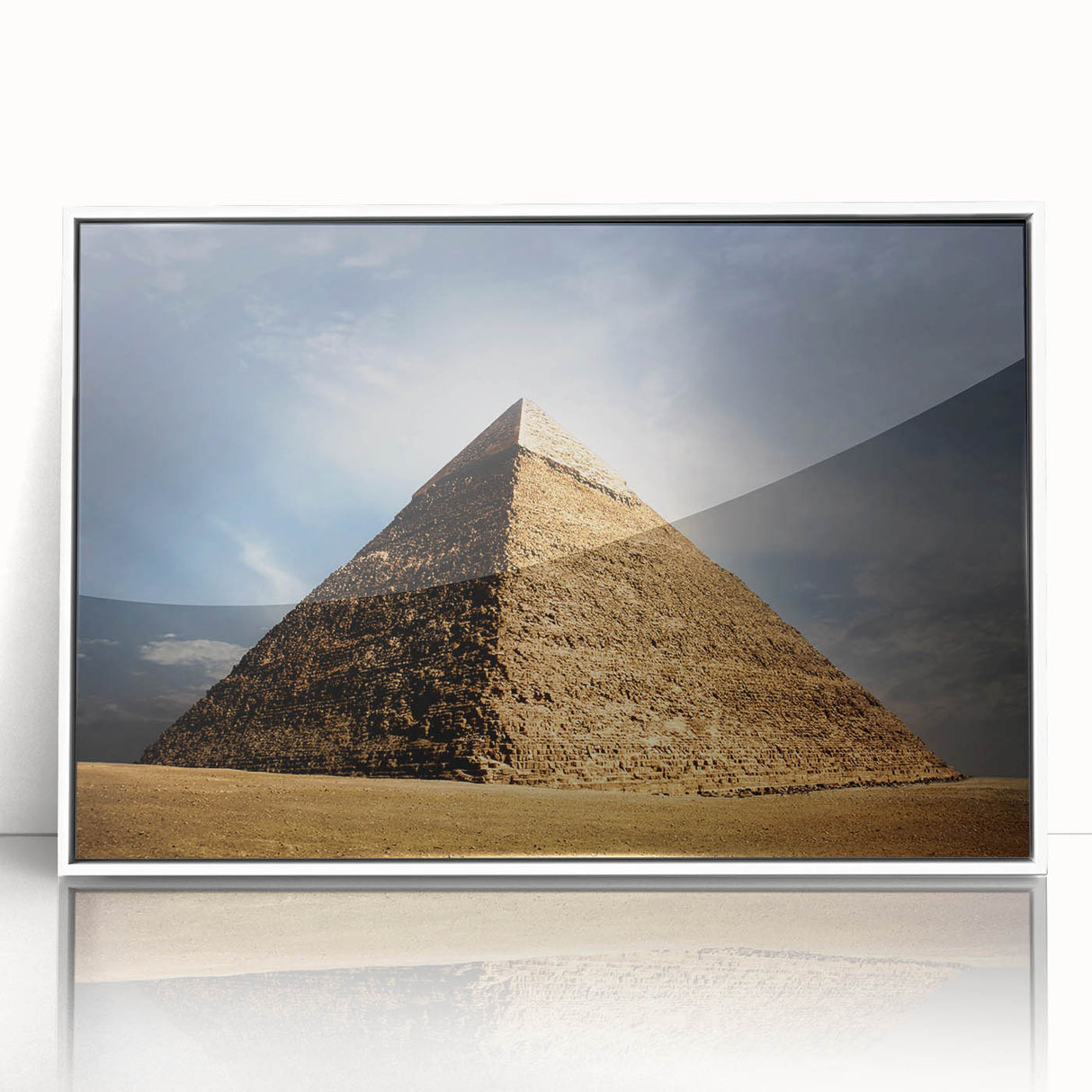 Mid-century modernist acrylic print of pyramids in muted earth tones, ideal for modern art wall decor.