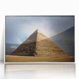 Mid-century modernist acrylic print of pyramids in muted earth tones, ideal for modern art wall decor.