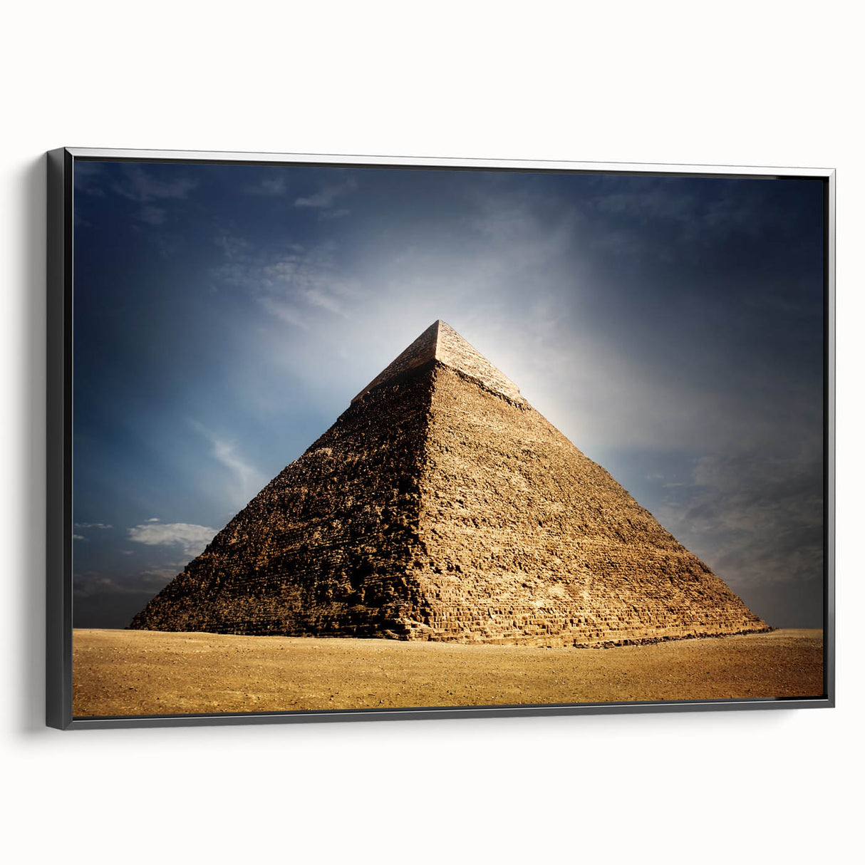 Black and white framed canvas featuring a vintage poster art style landscape of pyramids, ideal for bedroom decor.