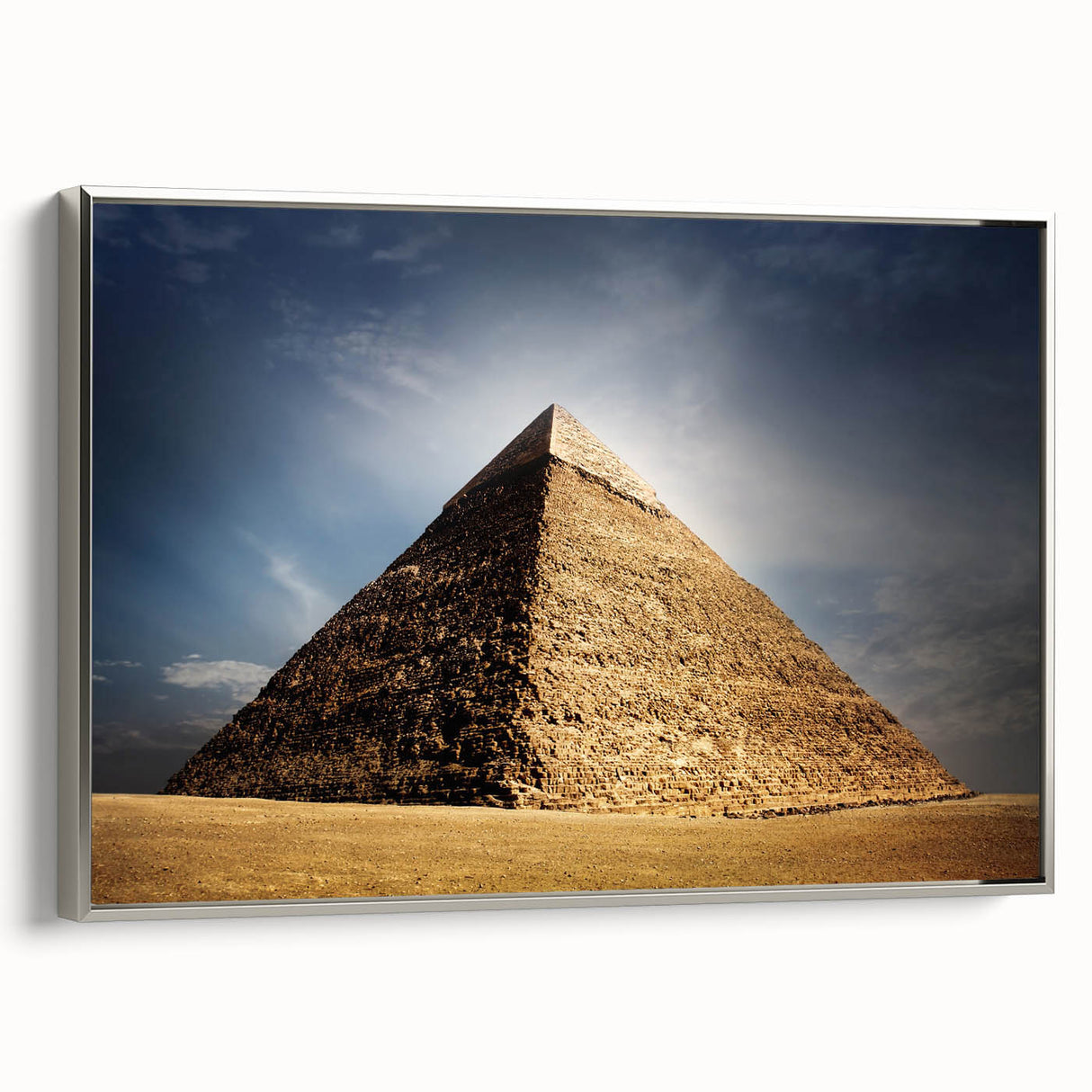 Vintage poster art of pyramids in muted black and colorful accents on a large framed canvas, suitable for living room decor.
