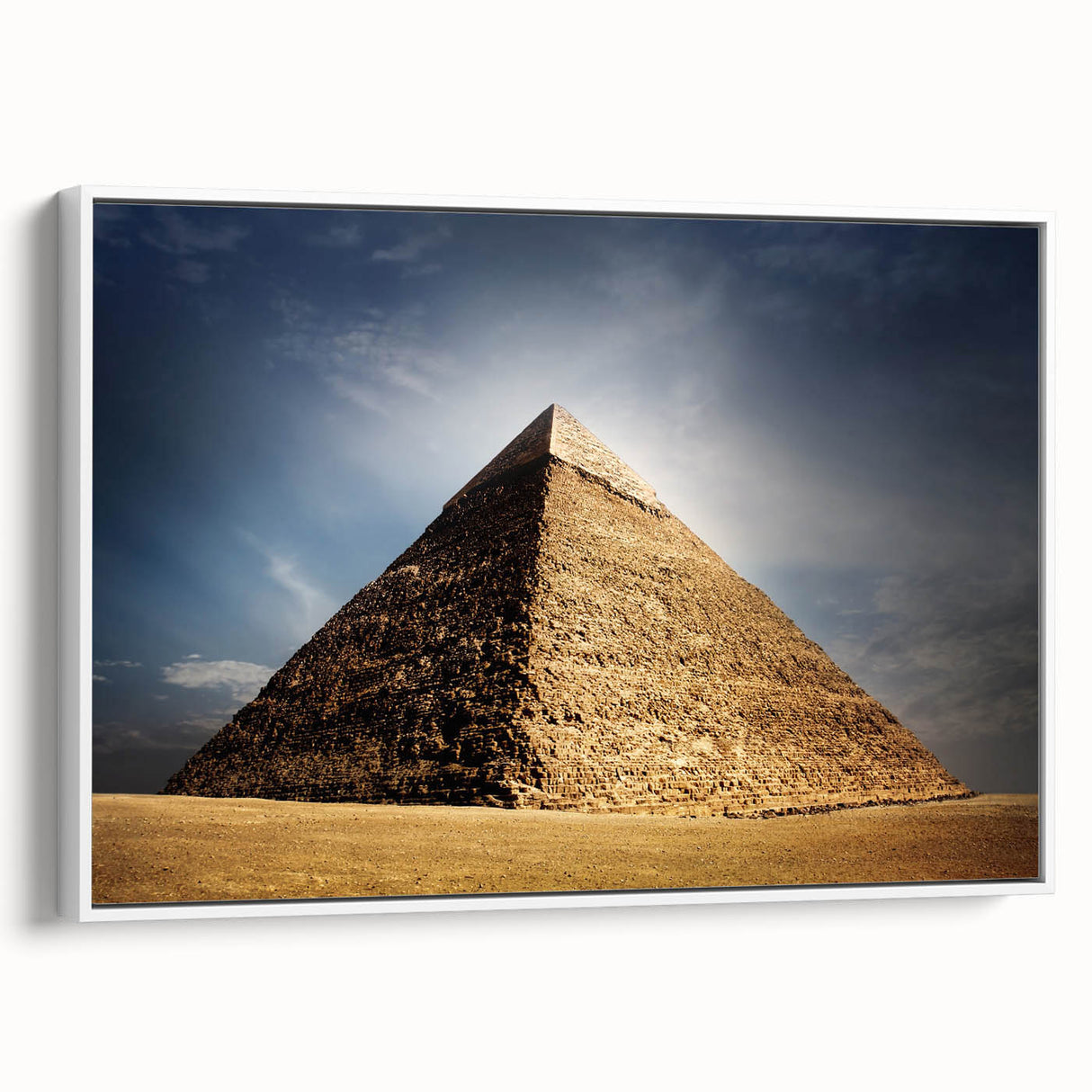 Framed canvas of vintage pyramid landscape in black and white, ideal for bedroom wall art.