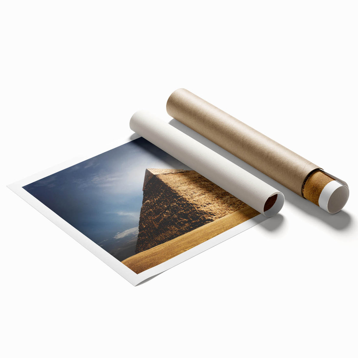 Extra large rolled print featuring a minimalist design of pyramids in muted earth tones, ideal for classy bathroom wall art.