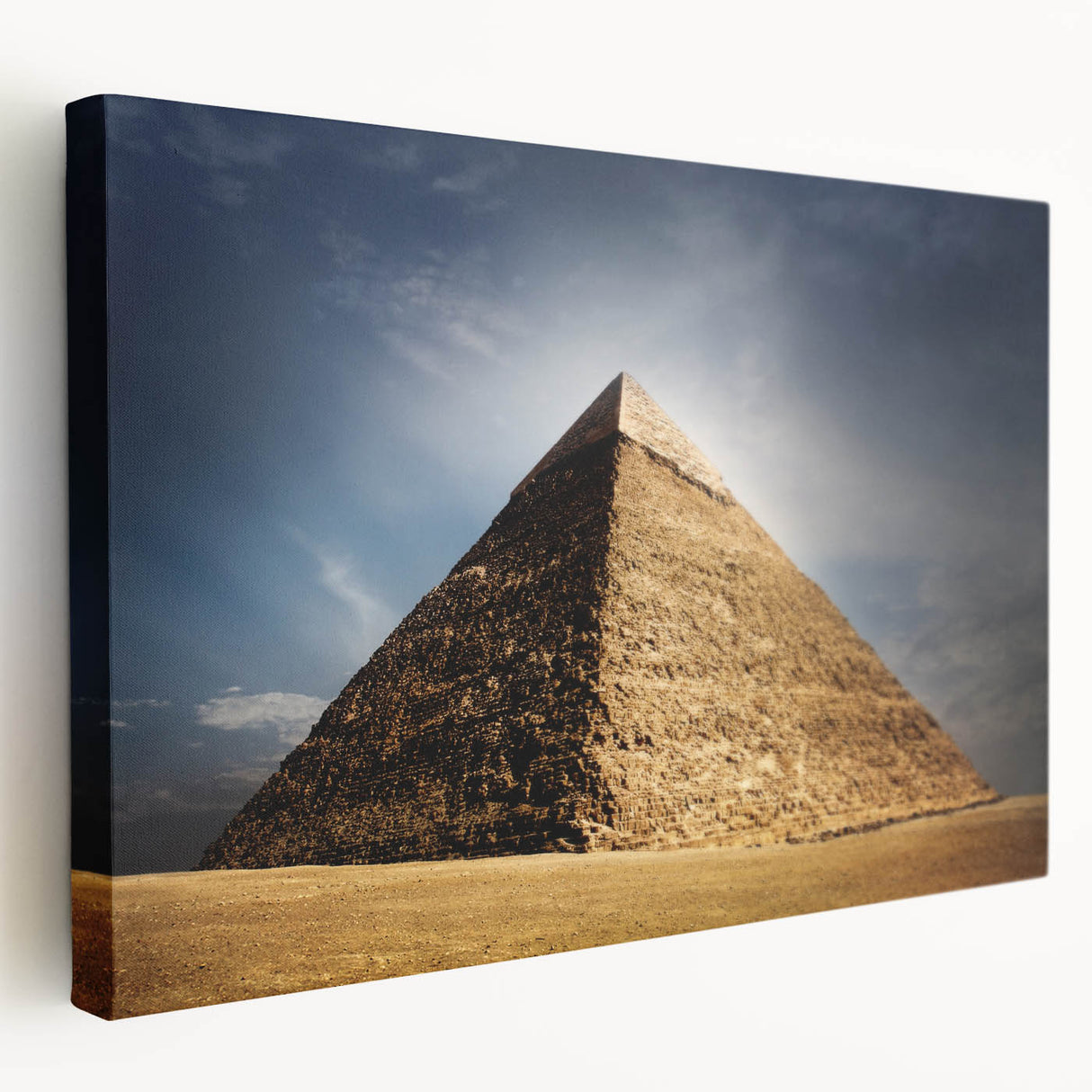 Side view of a large canvas depicting an abstract pyramid design in muted earth tones, suitable for kitchen wall art.