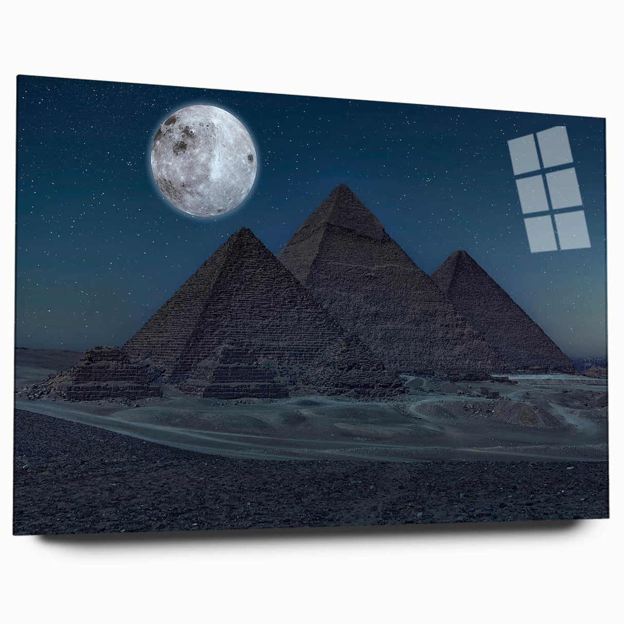 Large abstract wall art featuring geometric pyramids in muted earth tones on acrylic glass.