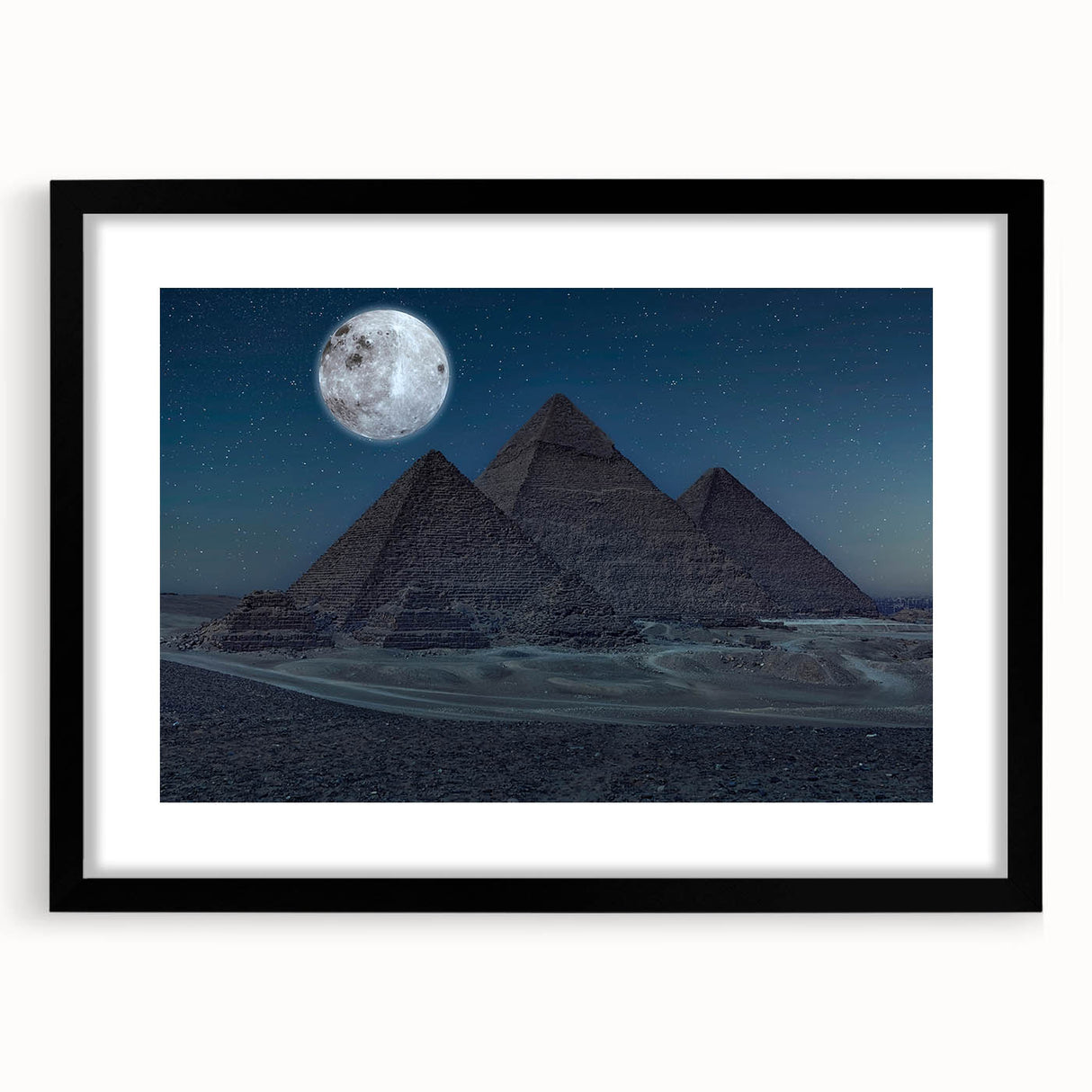 Extra large abstract art print featuring colorful, textured pyramids, displayed in a black frame with mat.