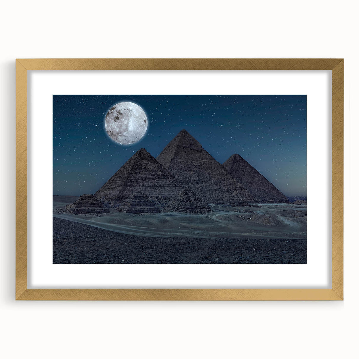 Textured abstract art print of pyramids in gold hues on a framed canvas, suitable for bedroom decor.