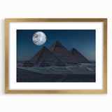 Textured abstract art print of pyramids in gold hues on a framed canvas, suitable for bedroom decor.