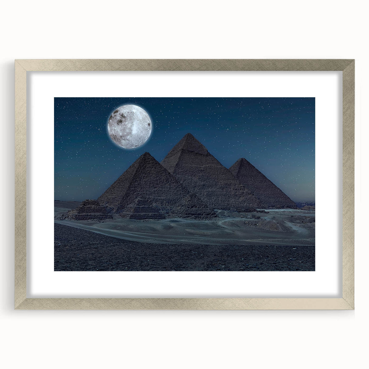 Abstract art prints featuring geometric pyramids in silver frame, ideal for bedroom or dining room decor.