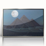 Art deco poster featuring geometric pyramids in silver and gray tones on framed acrylic, ideal for modern art wall decor.