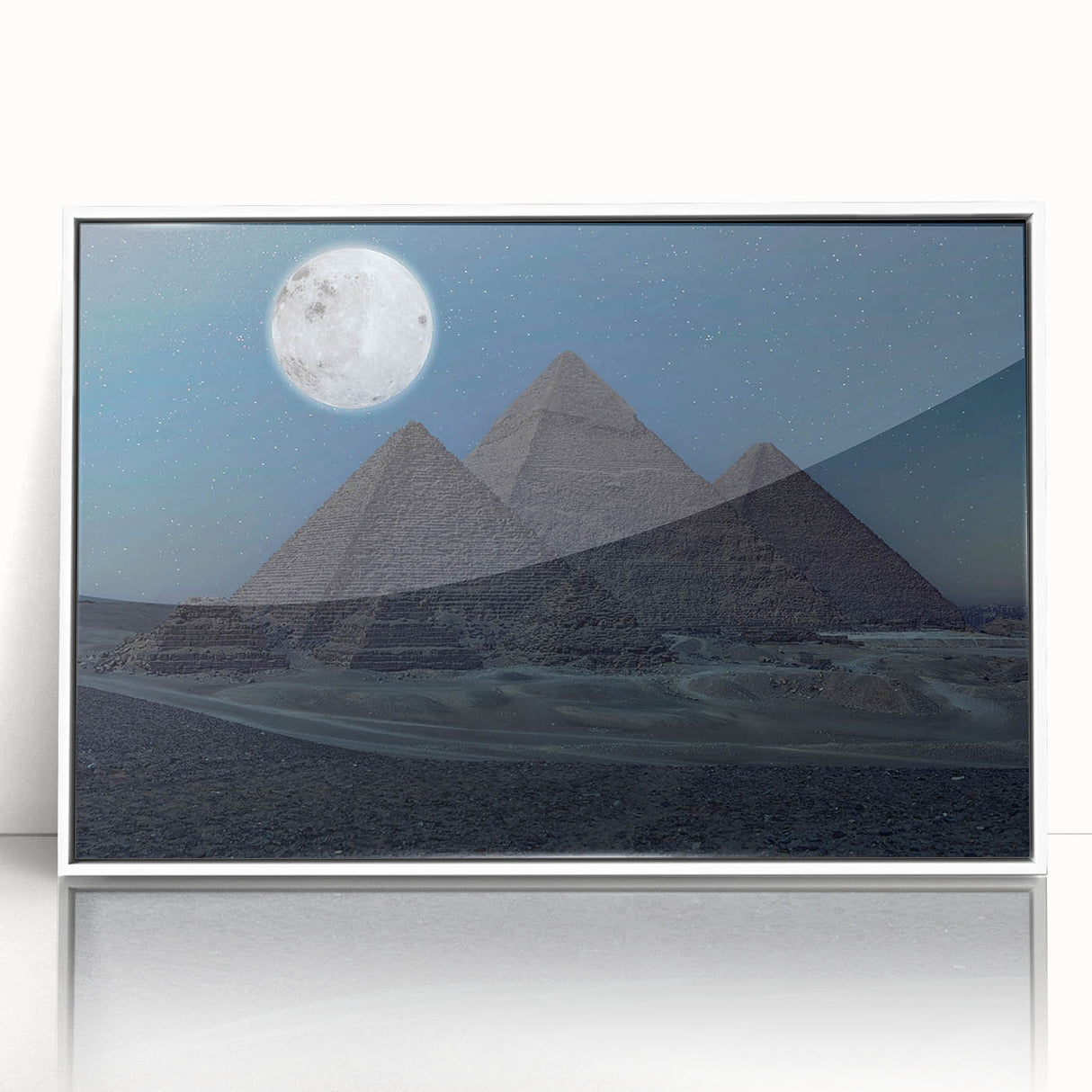Large art print of pyramids in muted earth tones, framed acrylic, ideal for modern art wall decor.