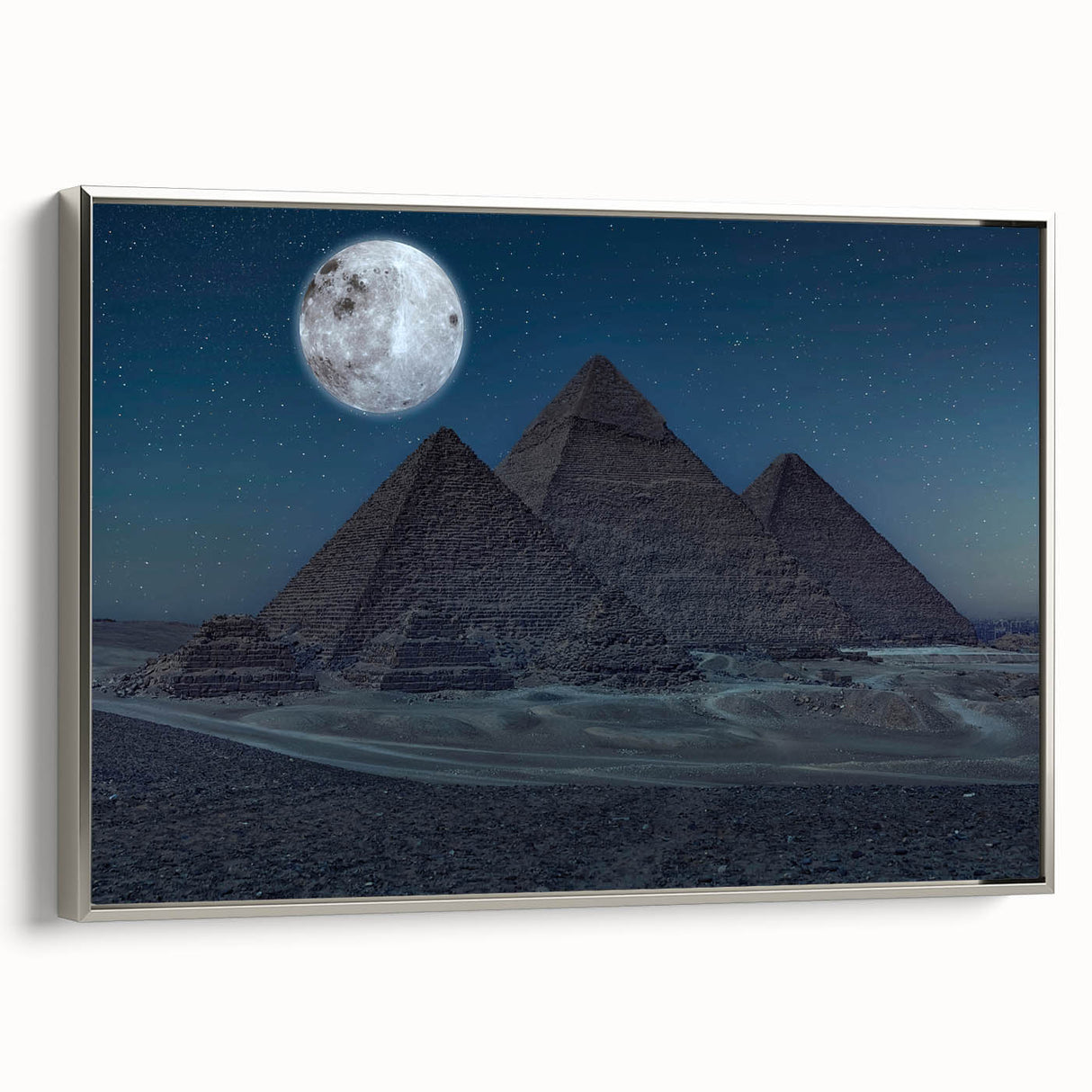 Extra large framed canvas of vintage poster art depicting colorful pyramids, ideal for living room decor.