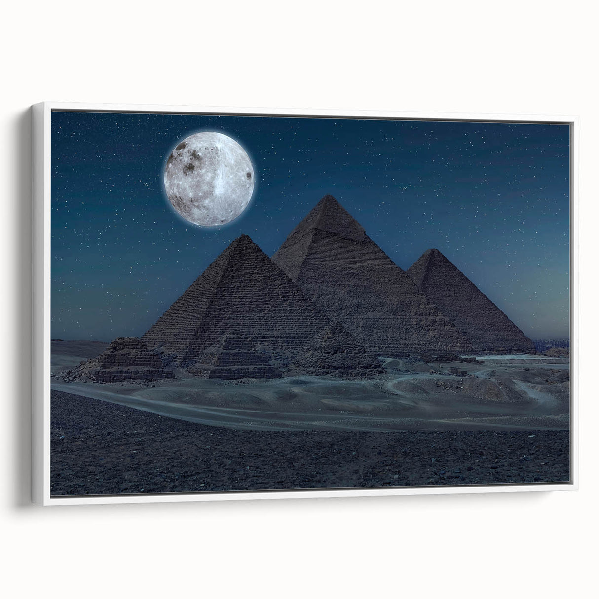 Framed canvas wall art featuring a vintage poster of pyramids in black and white, ideal for bedroom decor.