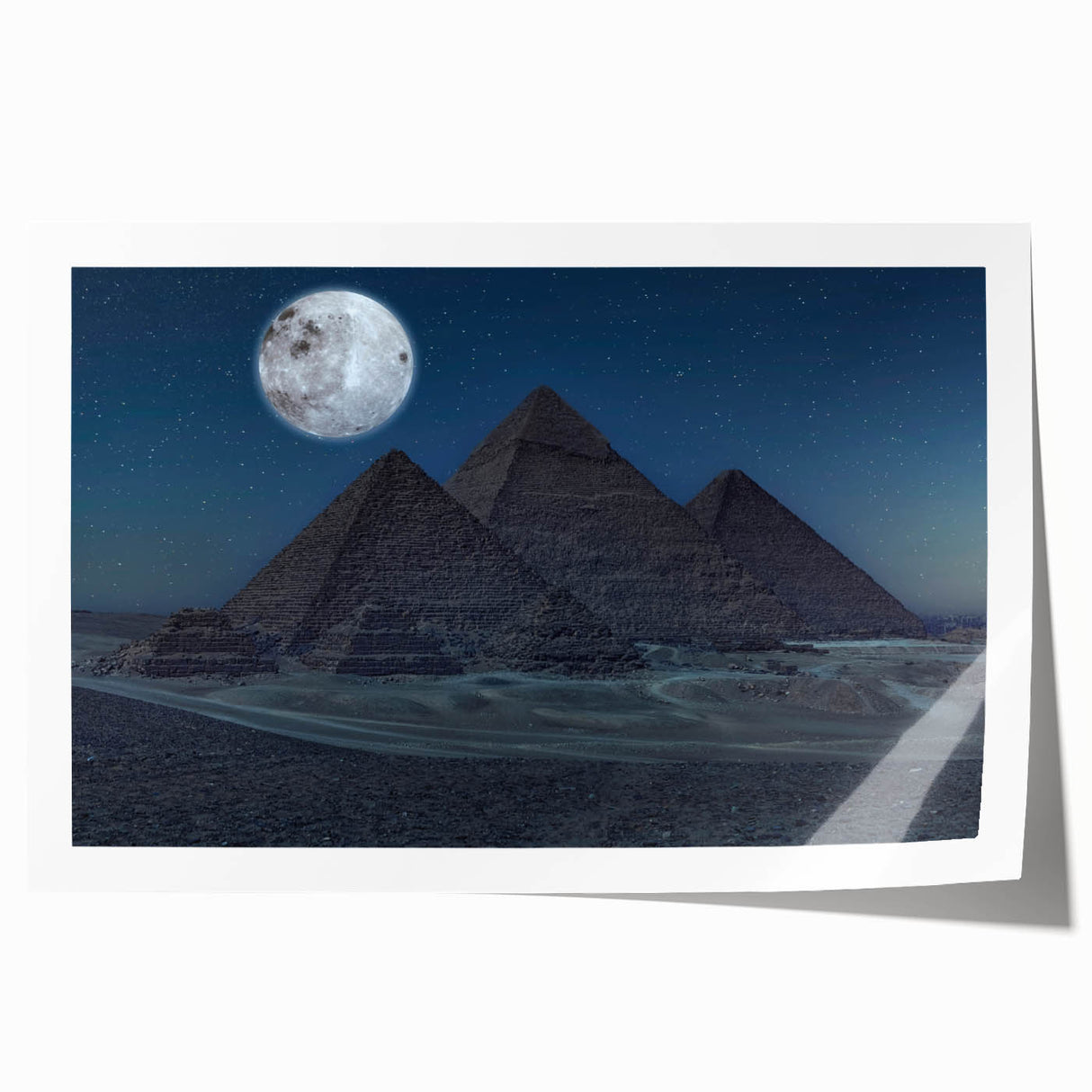Extra large rolled print of abstract pyramids in muted earth tones, ideal for art wall dining room placement.