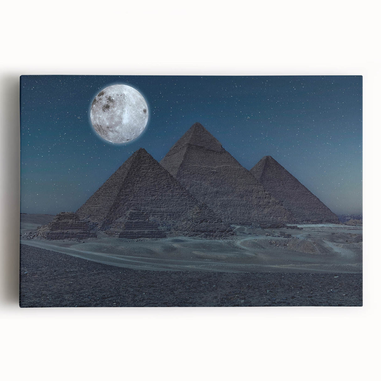Black and white photograph of pyramids on stretched canvas, ideal for kitchen wall art.
