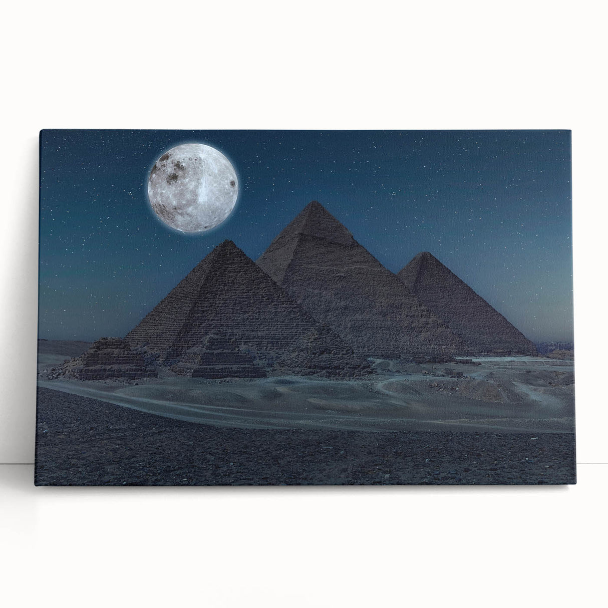 Black and white photograph of pyramids, printed on large stretched canvas, suitable as kitchen wall art or for bedroom decor.
