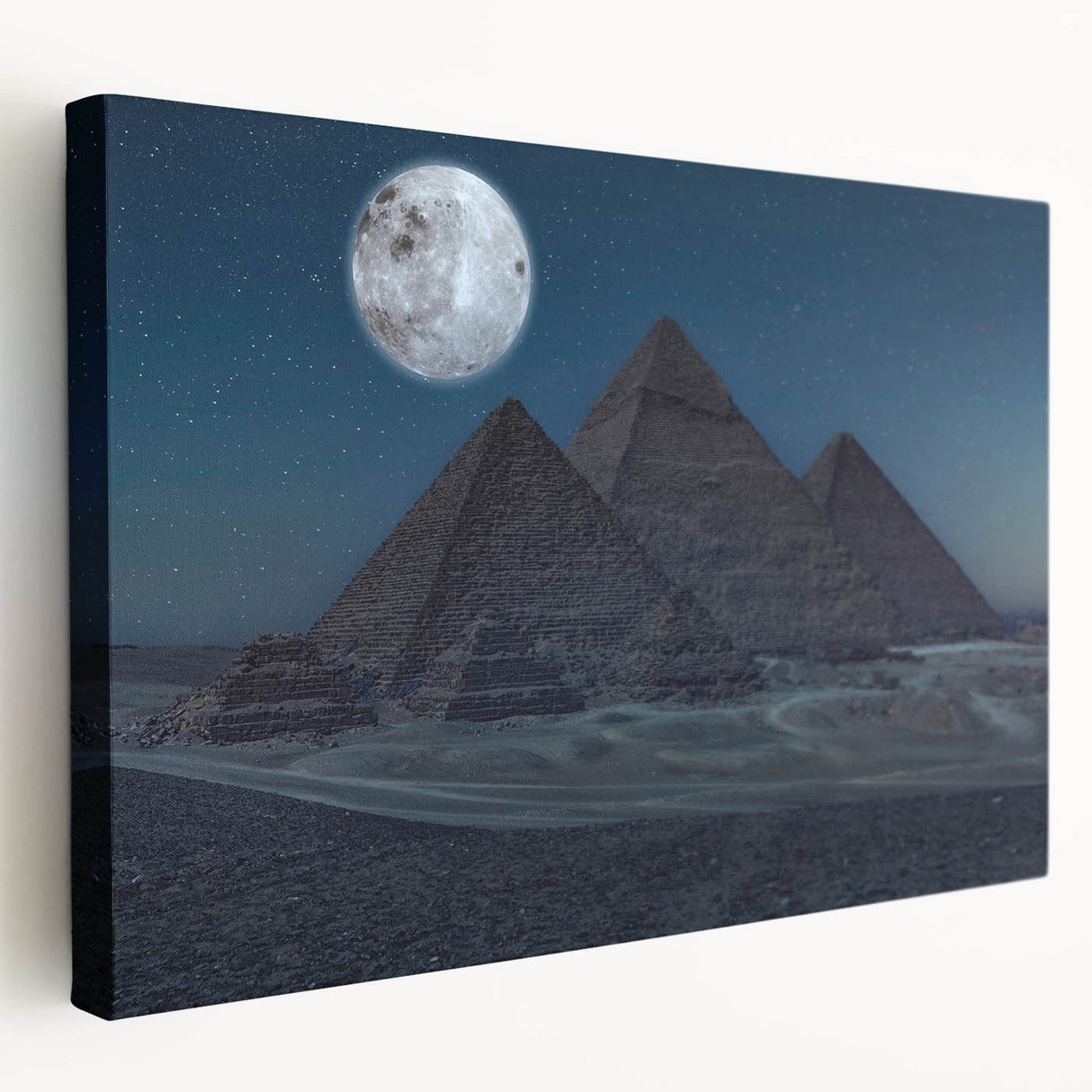 Large canvas print of geometric pyramids in muted earth tones, suitable for kitchen wall art.