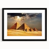 Extra large abstract art print featuring colorful, textured pyramids on a black framed canvas, ideal for living room decor.