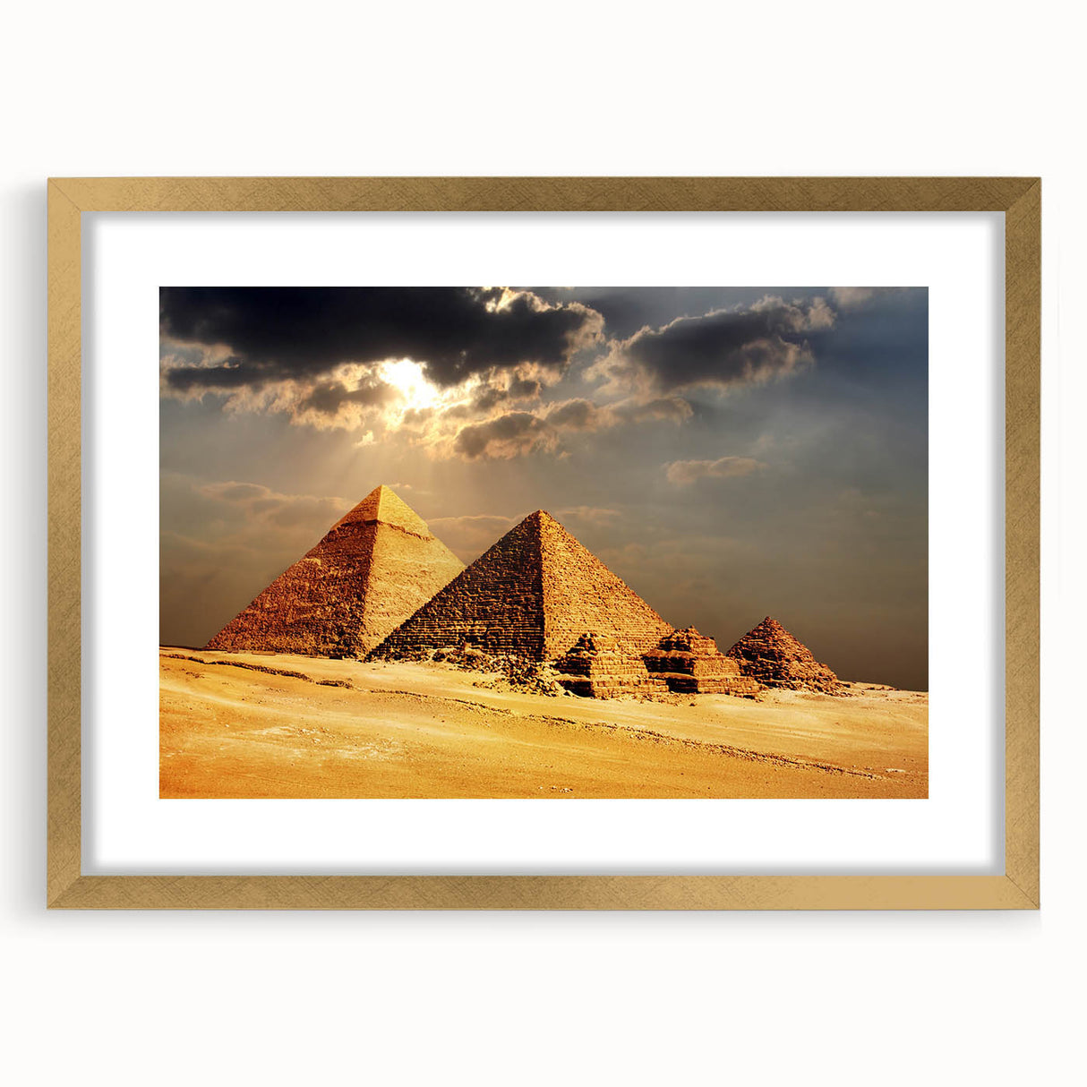 Textured abstract art print of geometric shapes in gold and black, framed with a matte gold finish, ideal for bedroom art.