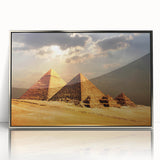 Art deco poster featuring geometric pyramids in muted silver tones, acrylic framed, suitable for modern art wall decor.